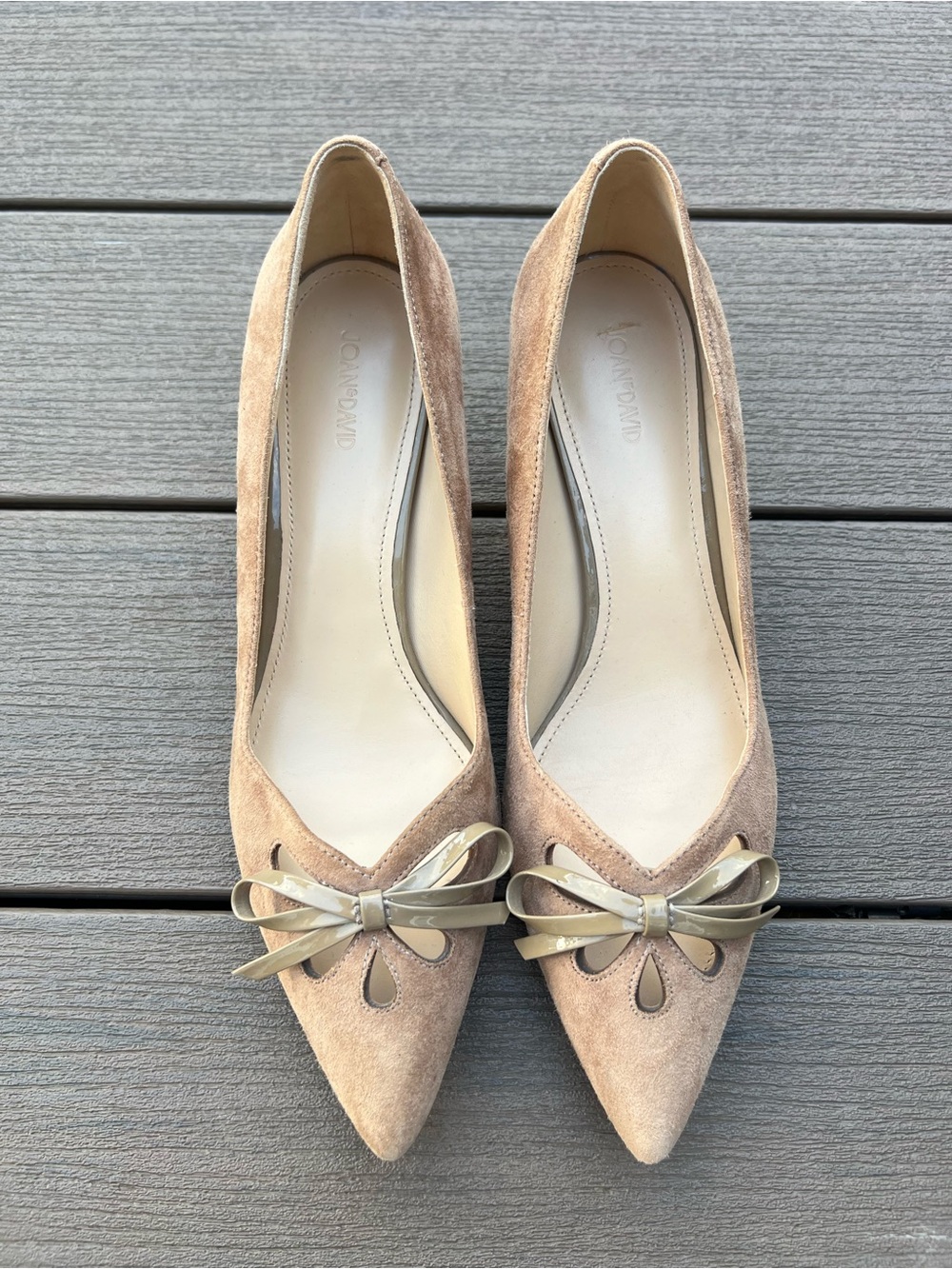 Joan & David Taupe Suede Pointed-Toe Bow Pumps